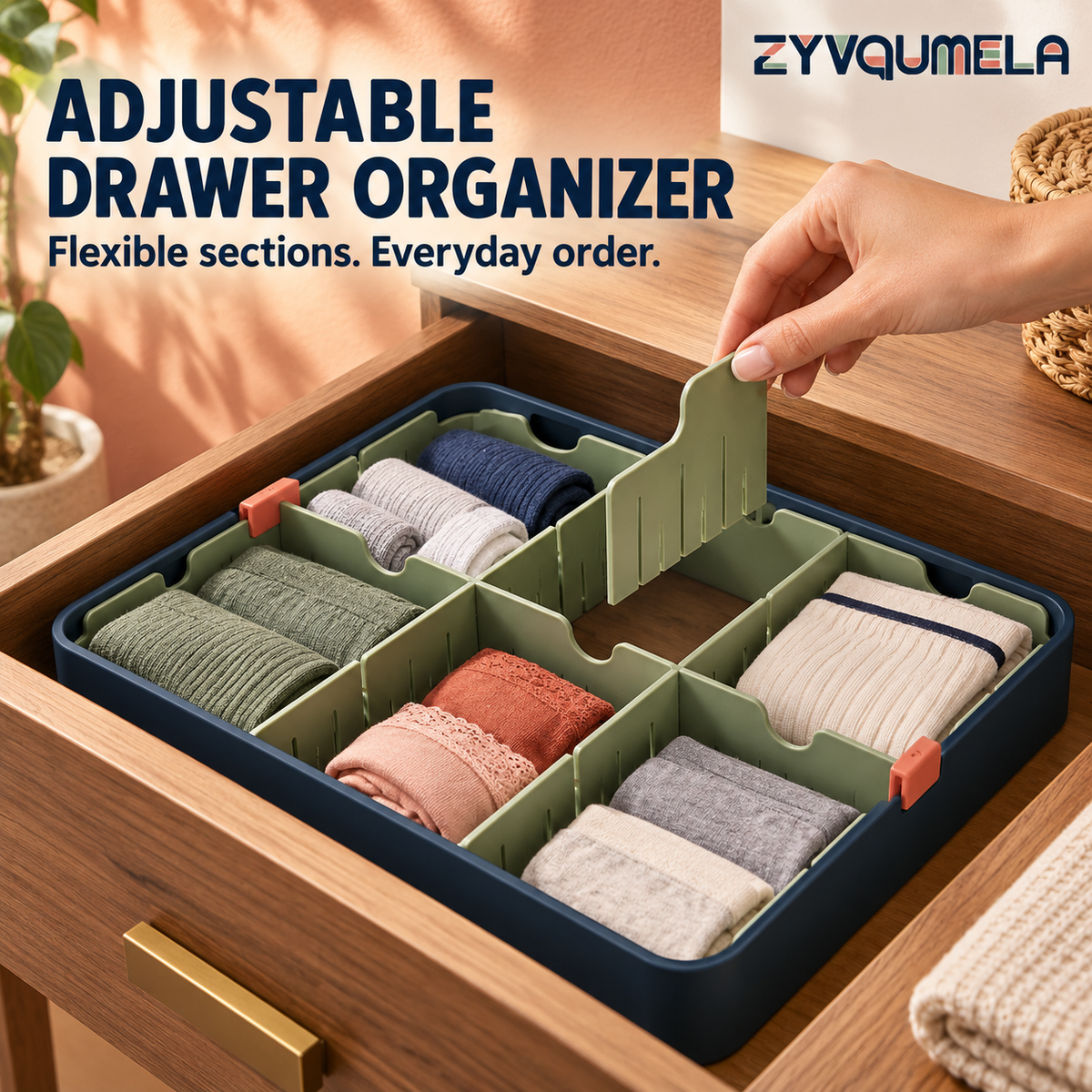 ZYVQUMELA Adjustable Drawer Organizer with Removable Dividers, Dresser Storage Tray for Socks, Underwear and Accessories, Sage Green