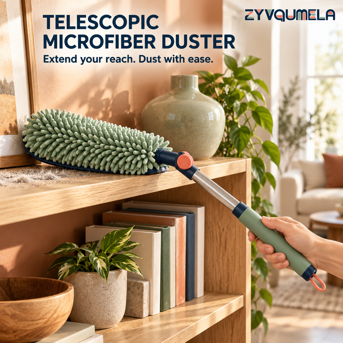 ZYVQUMELA Telescopic Microfiber Duster, Extendable Chenille Dusting Wand with 180-Degree Adjustable Head for Shelves and Furniture