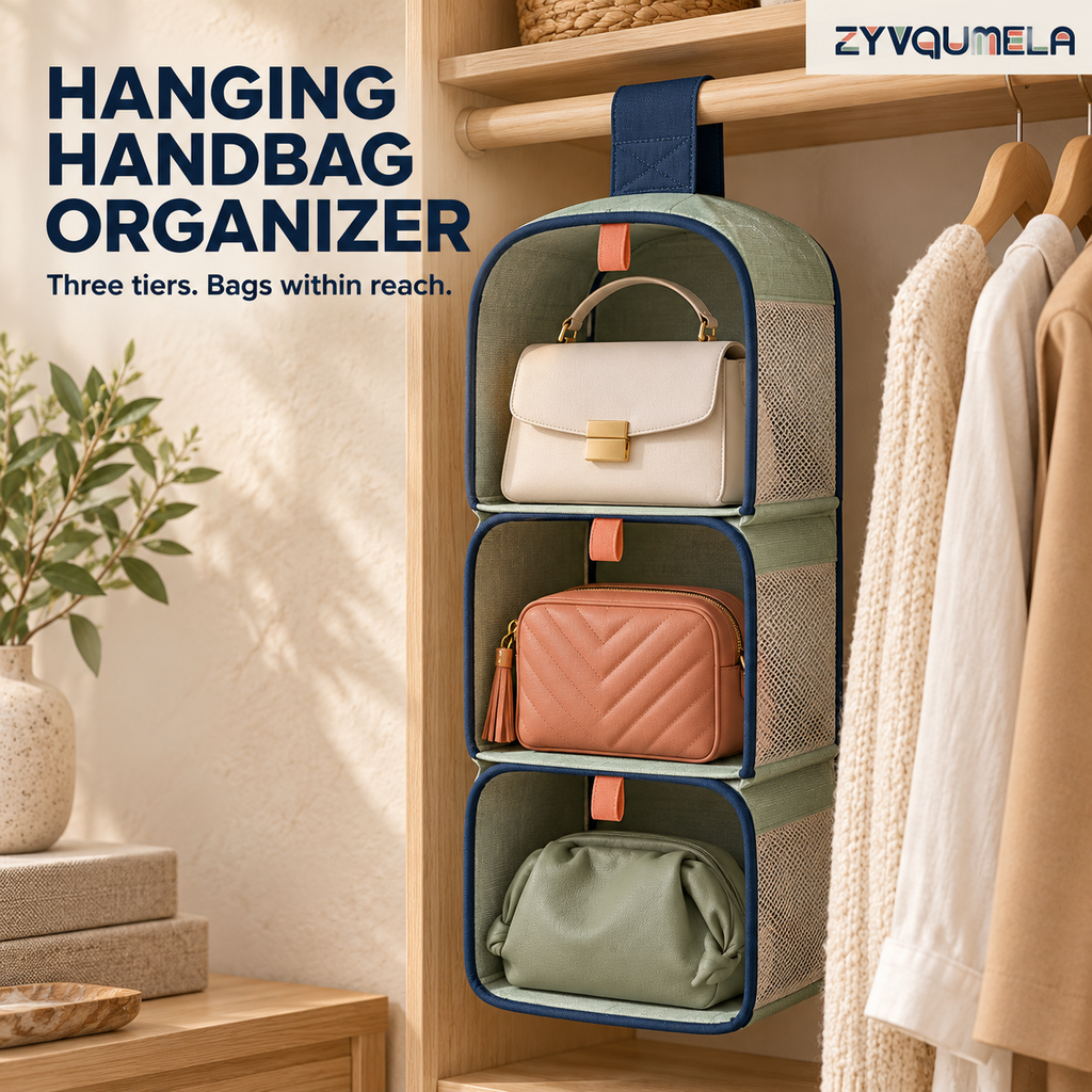 ZYVQUMELA 3-Tier Hanging Handbag Organizer, Foldable Closet Purse Storage with Mesh Sides and Removable Shelf Inserts, Sage Green