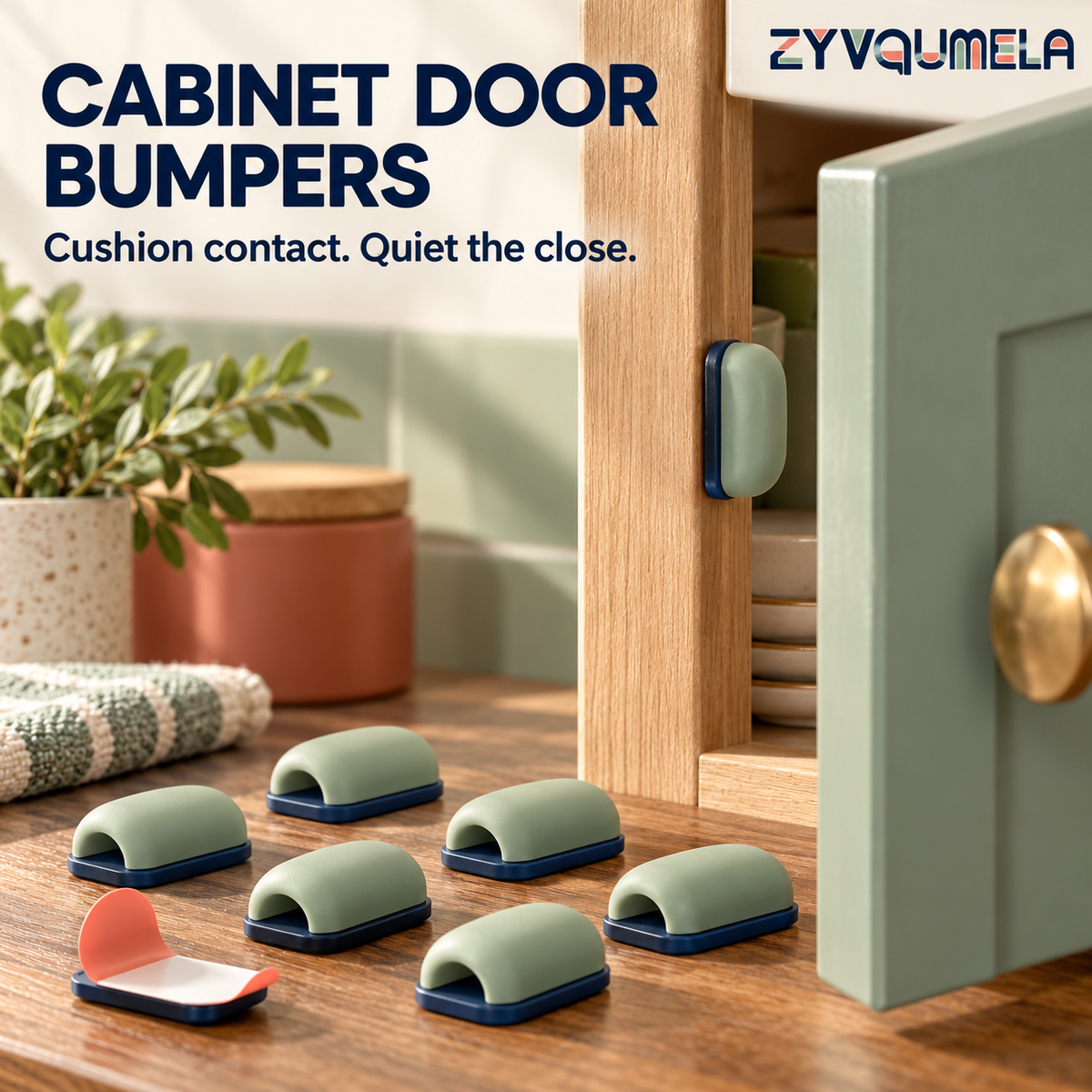 ZYVQUMELA Self-Adhesive Silicone Cabinet Door Bumpers, Cushioned Furniture Pads for Cabinets, Drawers and Wardrobes, Sage Green, 6-Pack
