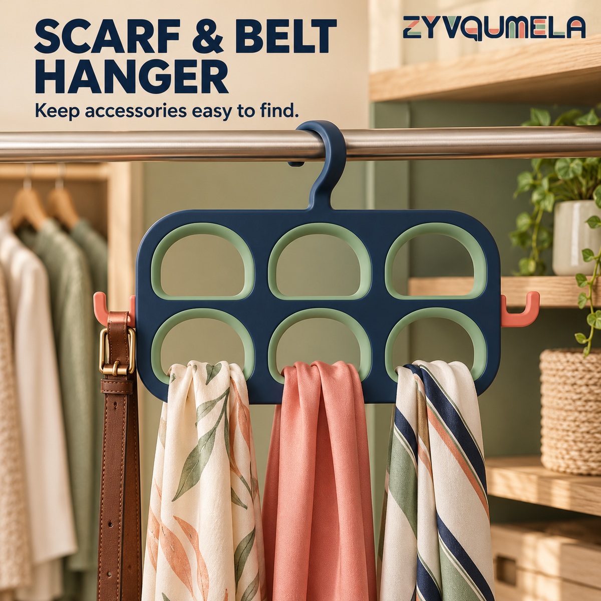 ZYVQUMELA Scarf and Belt Hanger, 6-Opening Closet Accessory Organizer with Side Hooks for Scarves, Ties and Lightweight Belts, Navy and Sage
