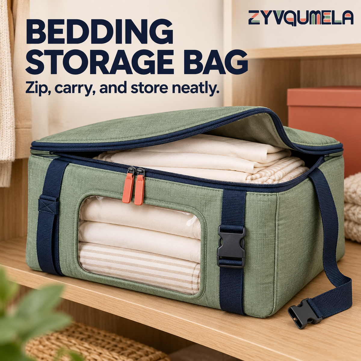 ZYVQUMELA Zippered Bedding Storage Bag with Clear Window and Buckle Straps, Foldable Linen and Blanket Closet Organizer, 19.7 x 15.7 x 7.9 in