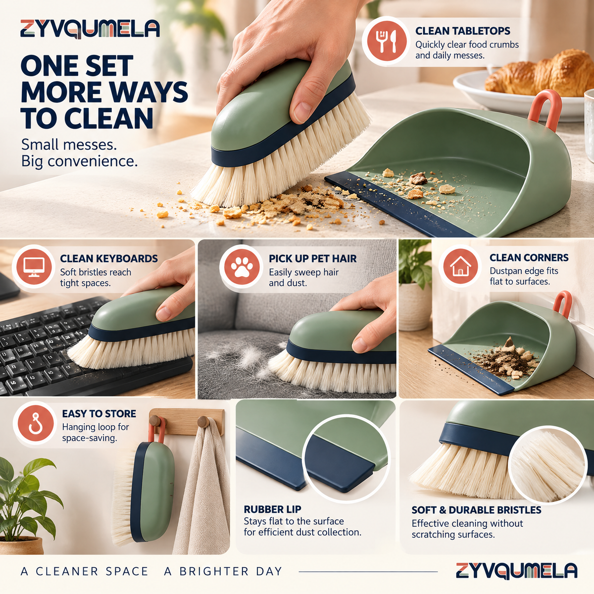 ZYVQUMELA Mini Desktop Brush and Dustpan Set, Handheld Tabletop Sweeper with Soft Bristles, Flexible Lip and Hanging Loop, Sage Green, 2 Pieces