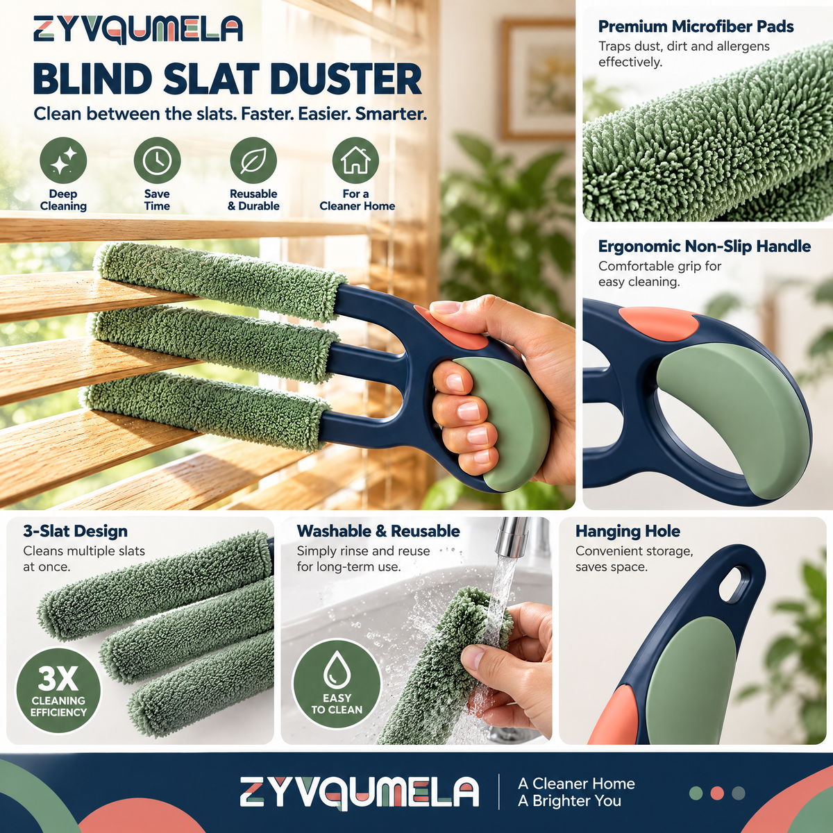 ZYVQUMELA Microfiber Blind Slat Duster, 3-Finger Window Blind Cleaner with Washable Sleeves and Easy-Grip Handle, Sage and Navy