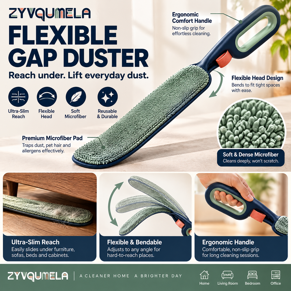 ZYVQUMELA Flexible Gap Duster, Slim Flat Microfiber Cleaning Tool for Under Furniture, Cabinet Bases and Narrow Spaces, Sage and Navy