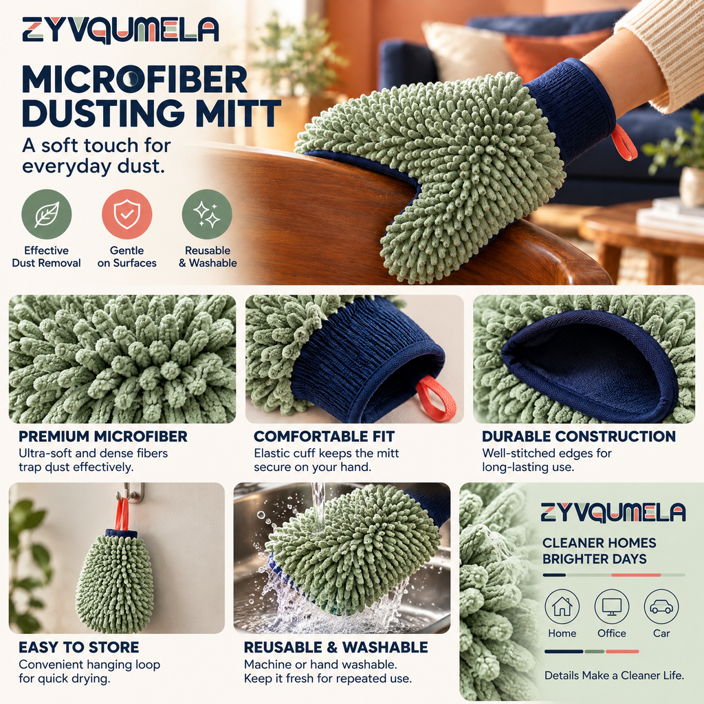 ZYVQUMELA Chenille Microfiber Dusting Mitt, Reusable Washable Furniture Cleaning Glove with Knit Cuff and Hanging Loop, Sage Green, 1 Piece