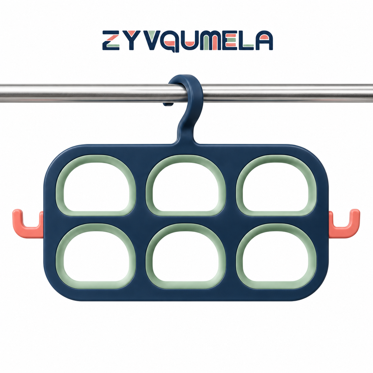 ZYVQUMELA Scarf and Belt Hanger, 6-Opening Closet Accessory Organizer with Side Hooks for Scarves, Ties and Lightweight Belts, Navy and Sage