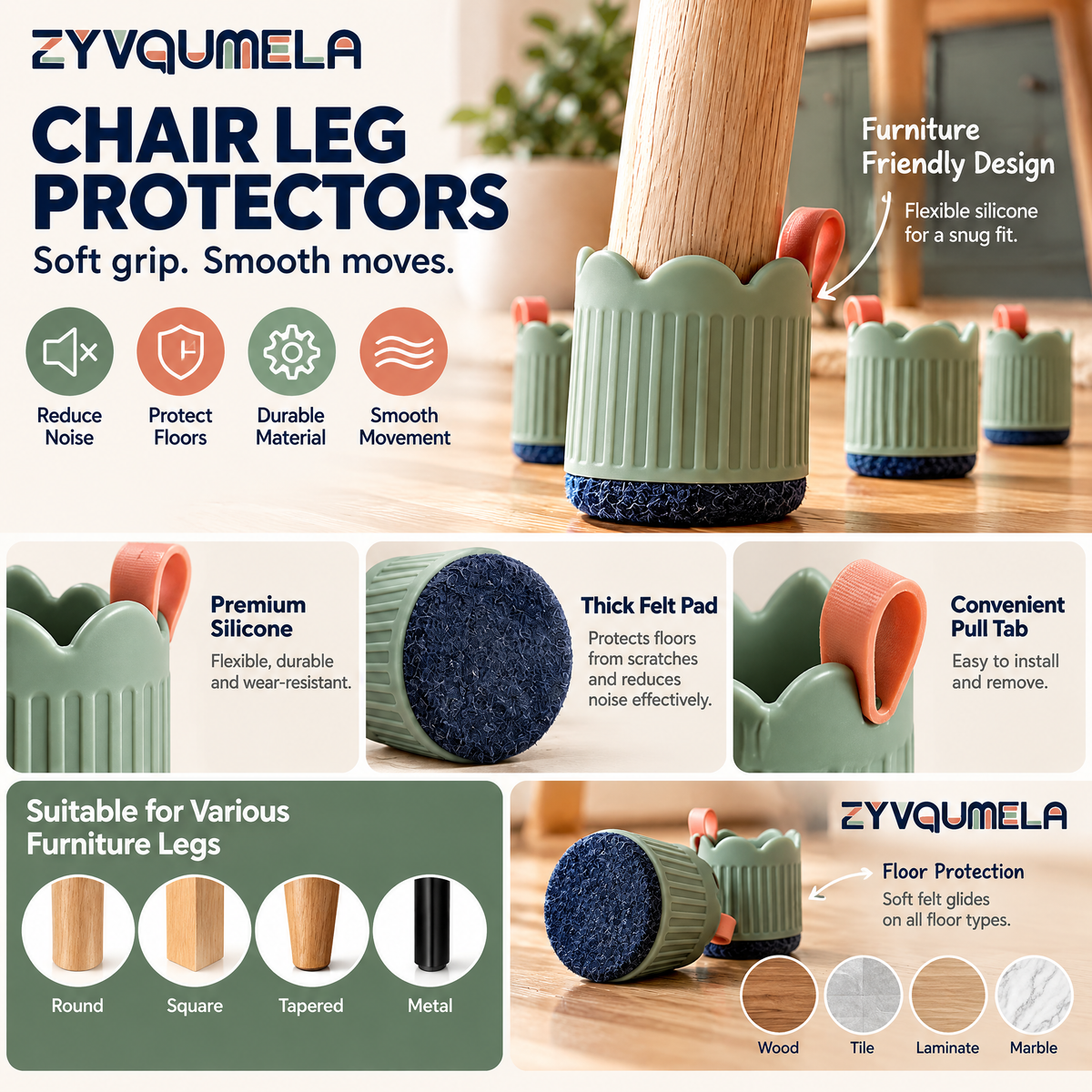 ZYVQUMELA Silicone Chair Leg Protectors with Felt Bottoms, Furniture Feet Caps for Hard Floors, Sage Green, 4-Pack