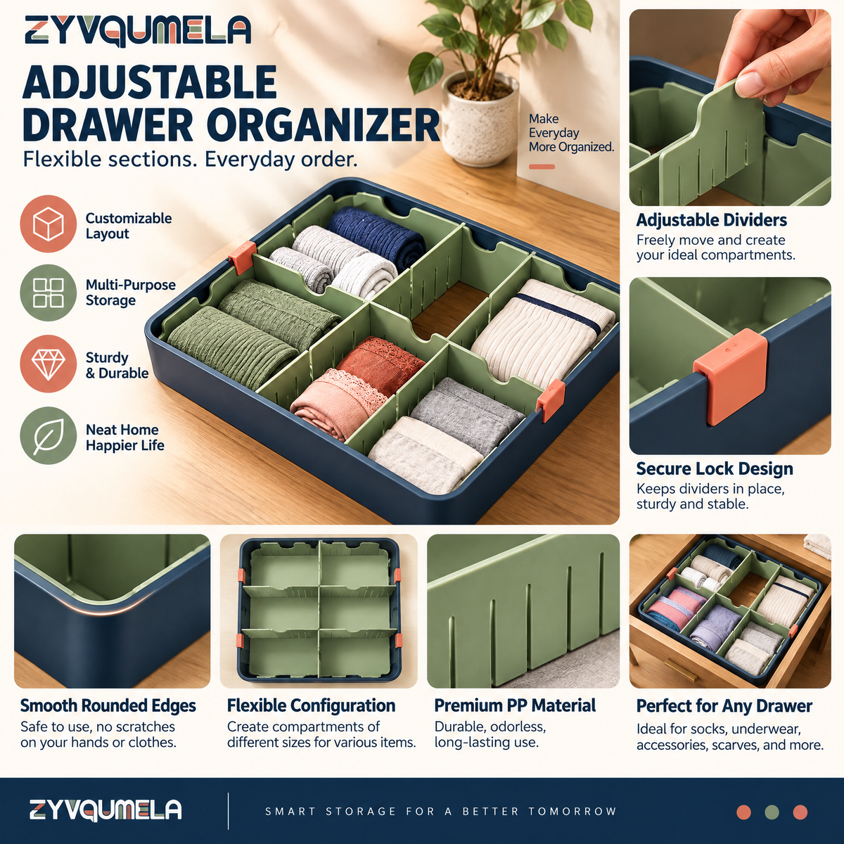 ZYVQUMELA Adjustable Drawer Organizer with Removable Dividers, Dresser Storage Tray for Socks, Underwear and Accessories, Sage Green