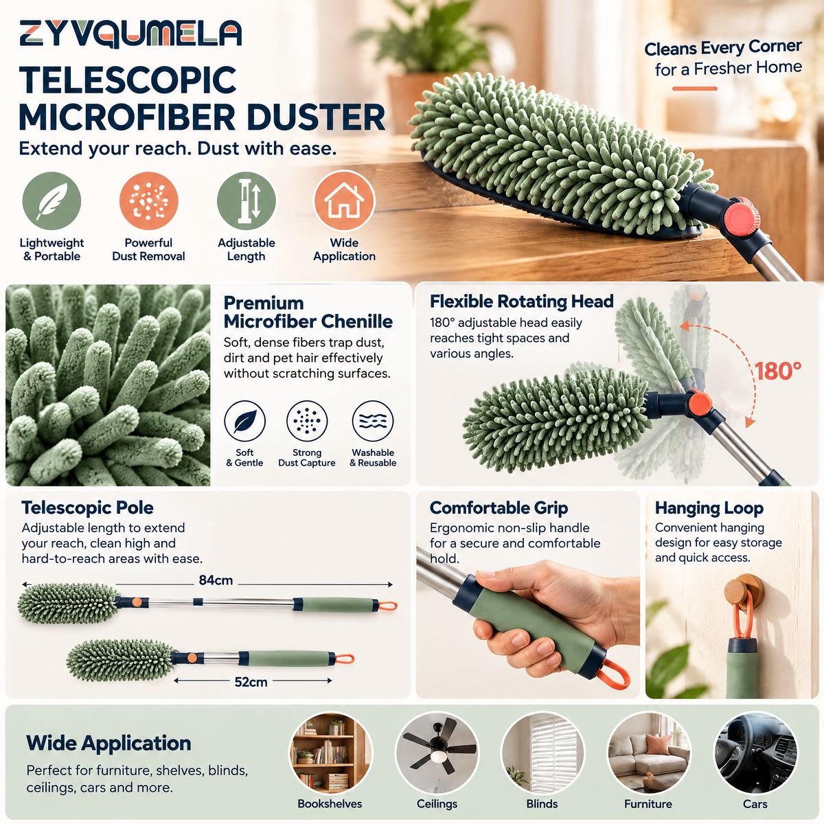 ZYVQUMELA Telescopic Microfiber Duster, Extendable Chenille Dusting Wand with 180-Degree Adjustable Head for Shelves and Furniture