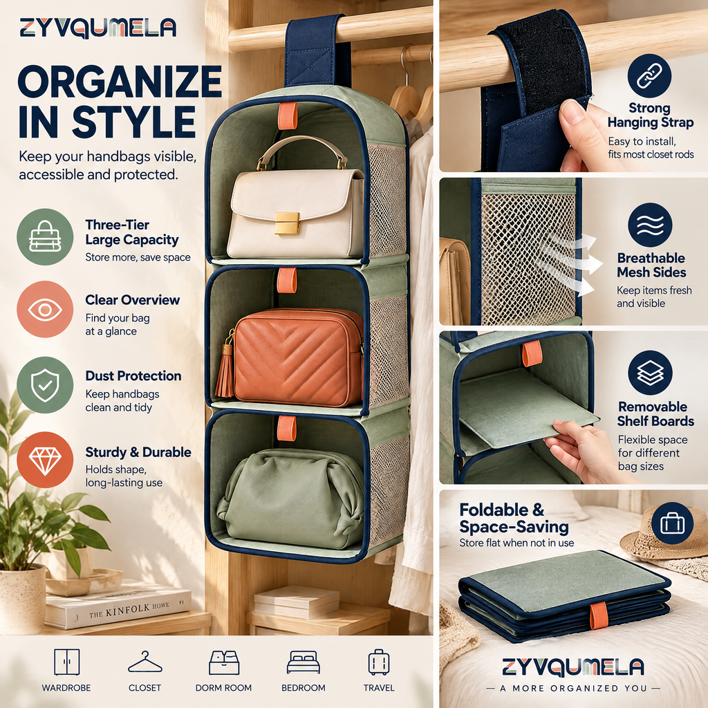 ZYVQUMELA 3-Tier Hanging Handbag Organizer, Foldable Closet Purse Storage with Mesh Sides and Removable Shelf Inserts, Sage Green