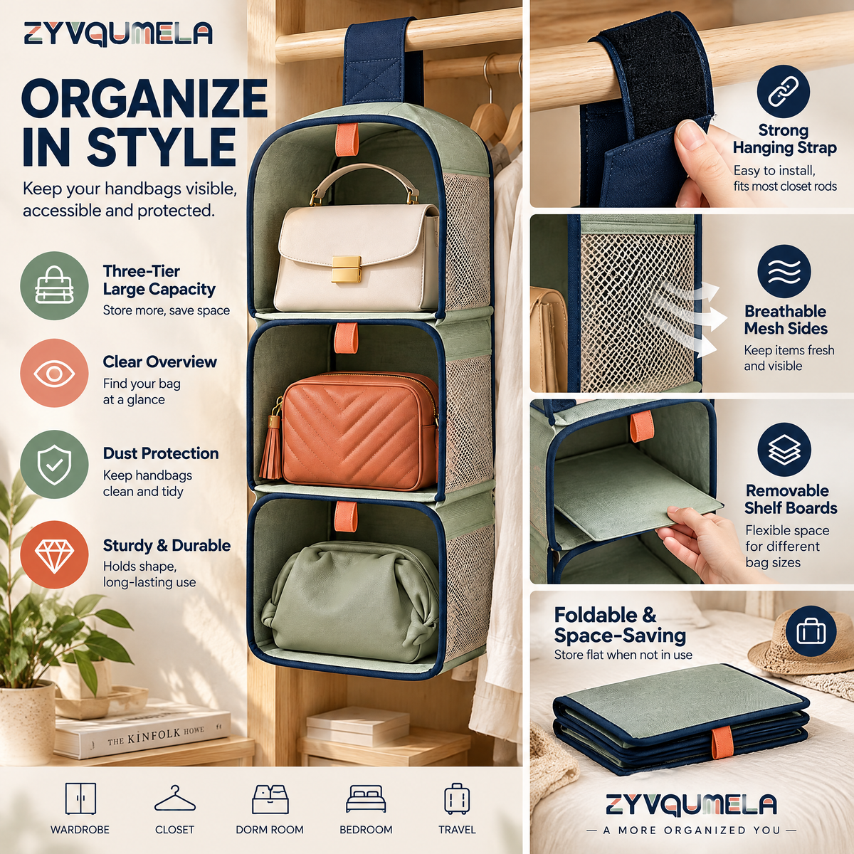 ZYVQUMELA 3-Tier Hanging Handbag Organizer, Foldable Closet Purse Storage with Mesh Sides and Removable Shelf Inserts, Sage Green