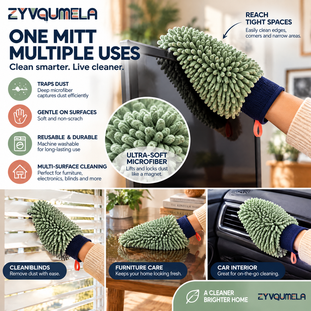 ZYVQUMELA Chenille Microfiber Dusting Mitt, Reusable Washable Furniture Cleaning Glove with Knit Cuff and Hanging Loop, Sage Green, 1 Piece