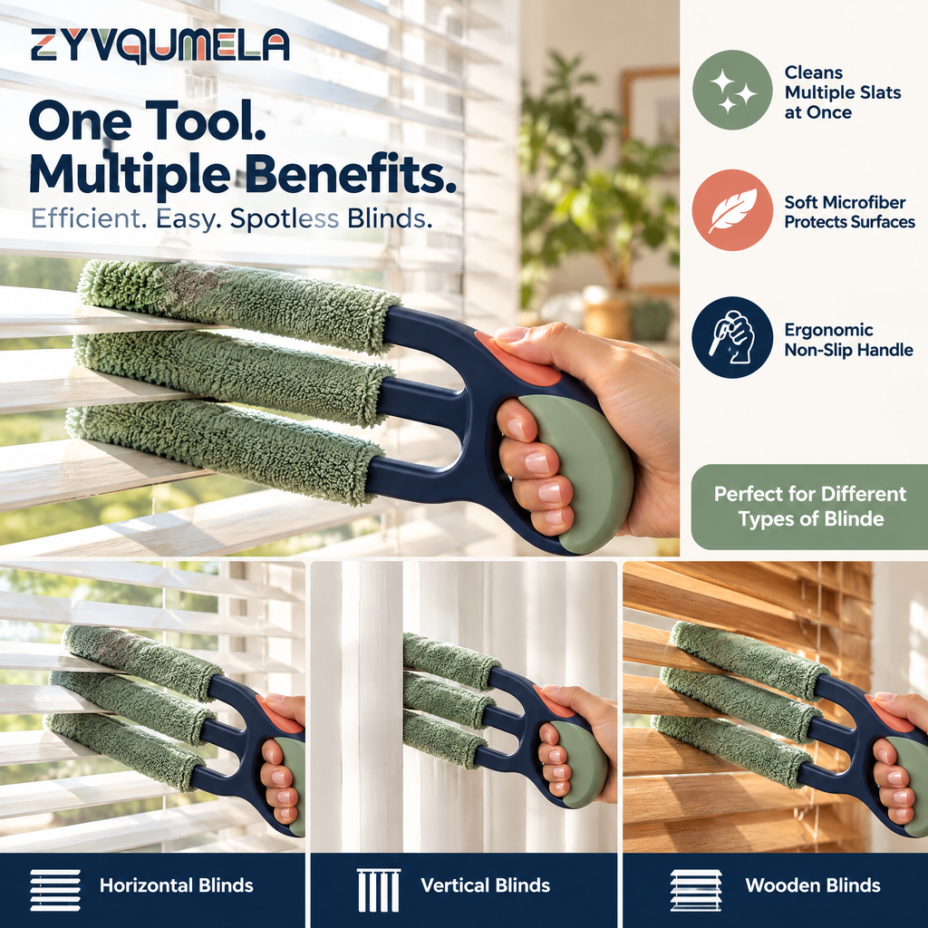 ZYVQUMELA Microfiber Blind Slat Duster, 3-Finger Window Blind Cleaner with Washable Sleeves and Easy-Grip Handle, Sage and Navy