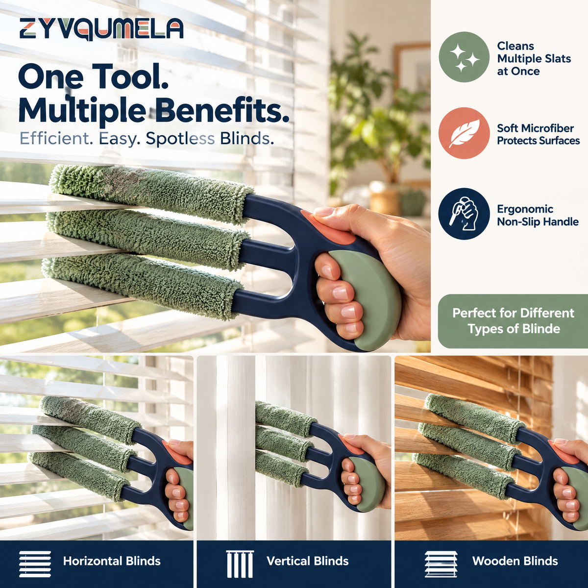 ZYVQUMELA Microfiber Blind Slat Duster, 3-Finger Window Blind Cleaner with Washable Sleeves and Easy-Grip Handle, Sage and Navy