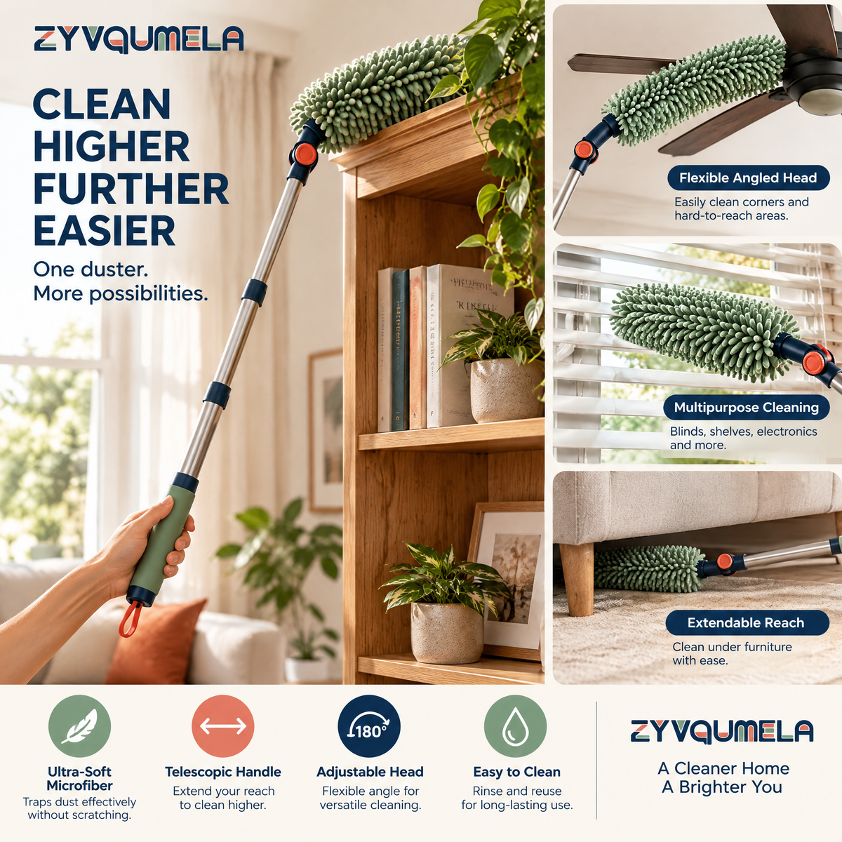 ZYVQUMELA Telescopic Microfiber Duster, Extendable Chenille Dusting Wand with 180-Degree Adjustable Head for Shelves and Furniture