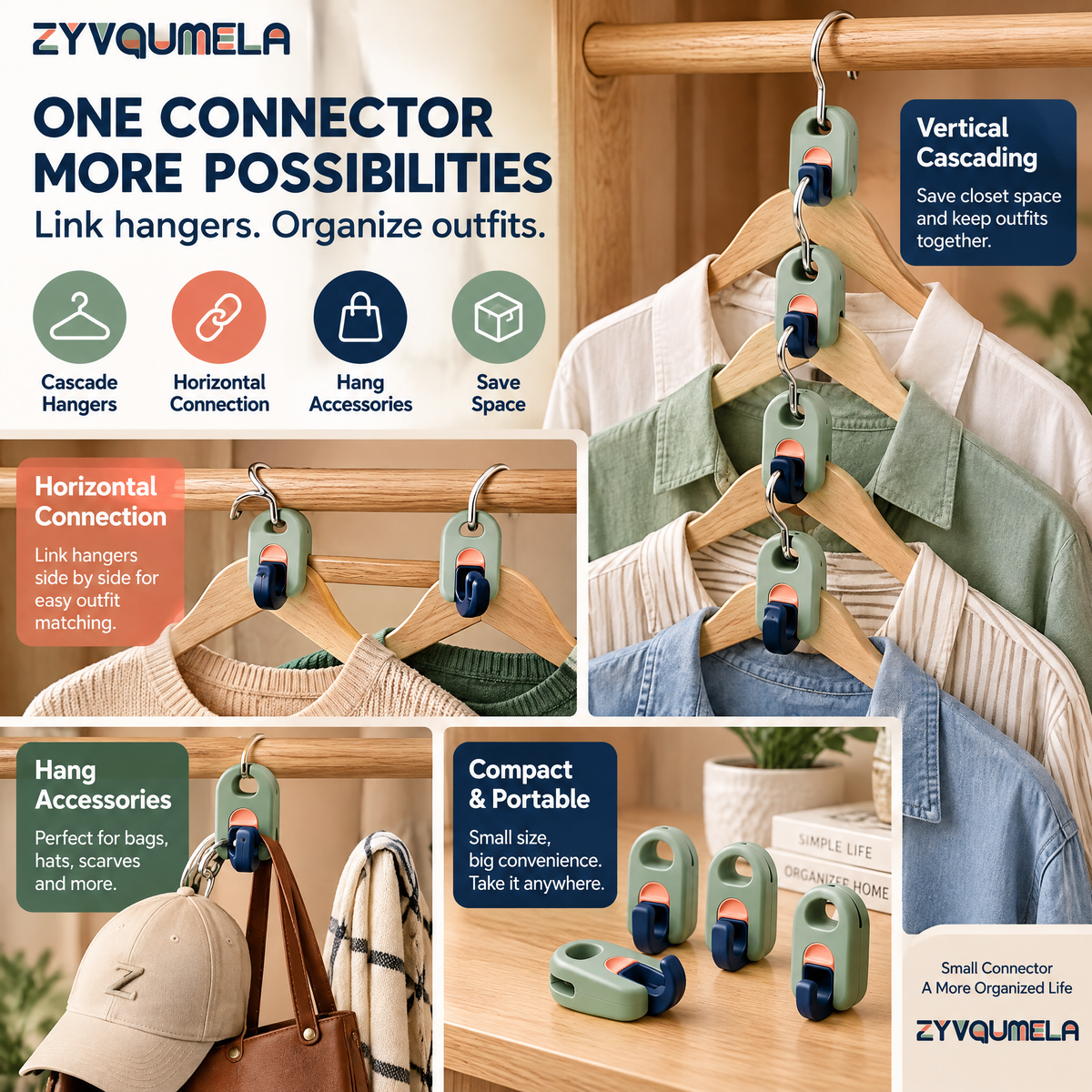 ZYVQUMELA Cascading Hanger Connector Hooks, Space-Saving Closet Hanger Extenders for Outfit Organization, Sage Green, 4-Pack