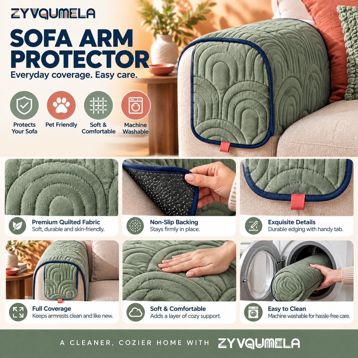 ZYVQUMELA Quilted Sofa Arm Protector, Non-Slip Couch Armrest Cover for Sofas, Armchairs and Recliners, Washable Sage Green, 1 Piece