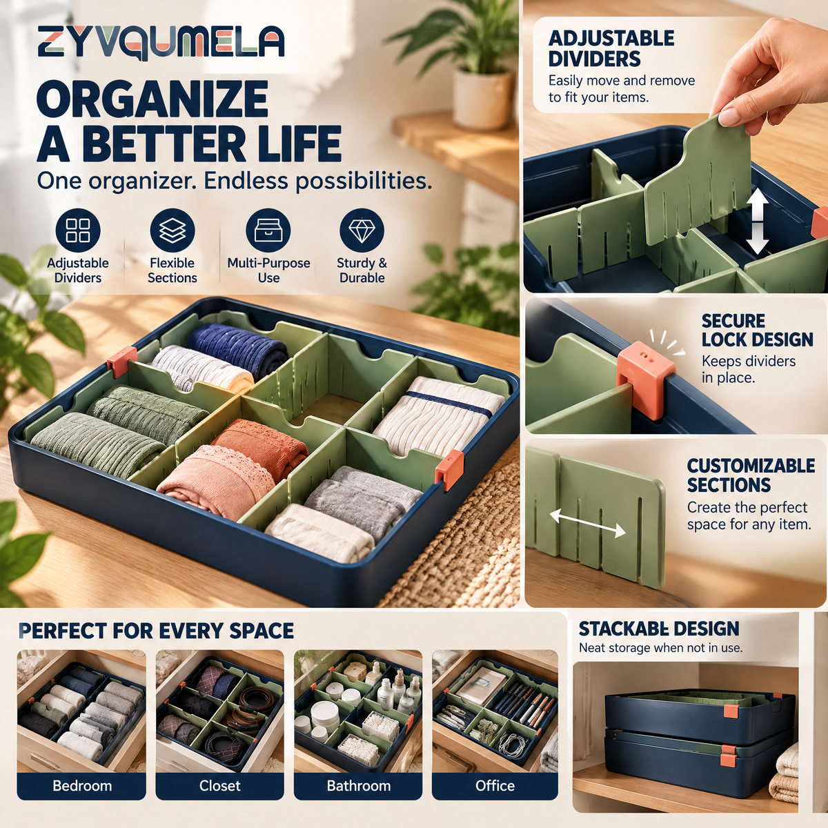ZYVQUMELA Adjustable Drawer Organizer with Removable Dividers, Dresser Storage Tray for Socks, Underwear and Accessories, Sage Green