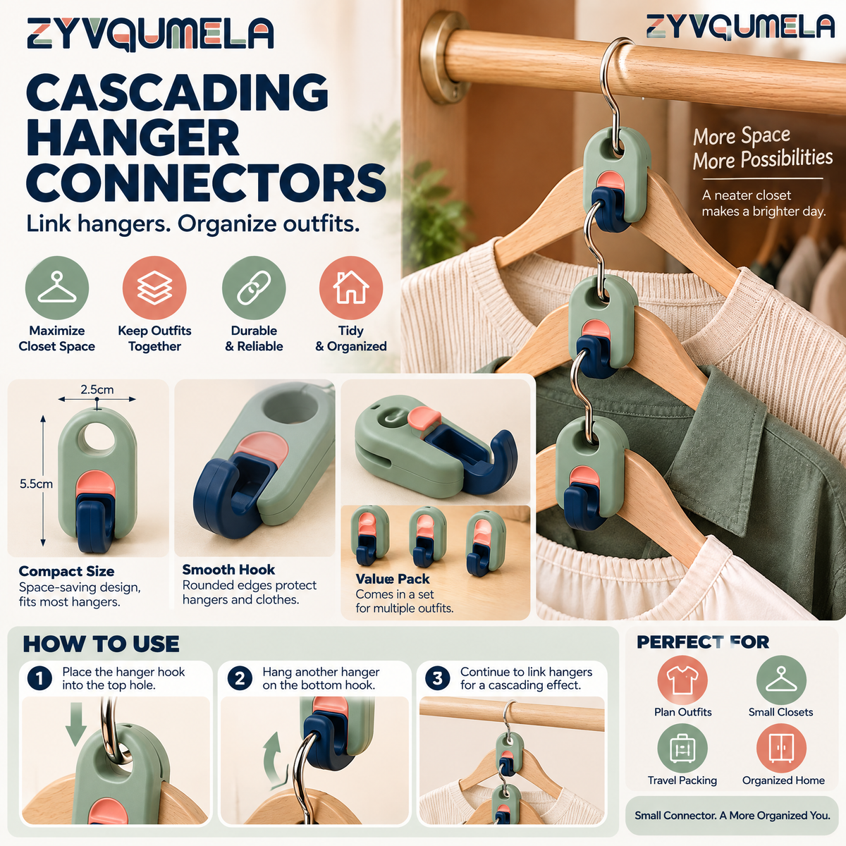 ZYVQUMELA Cascading Hanger Connector Hooks, Space-Saving Closet Hanger Extenders for Outfit Organization, Sage Green, 4-Pack