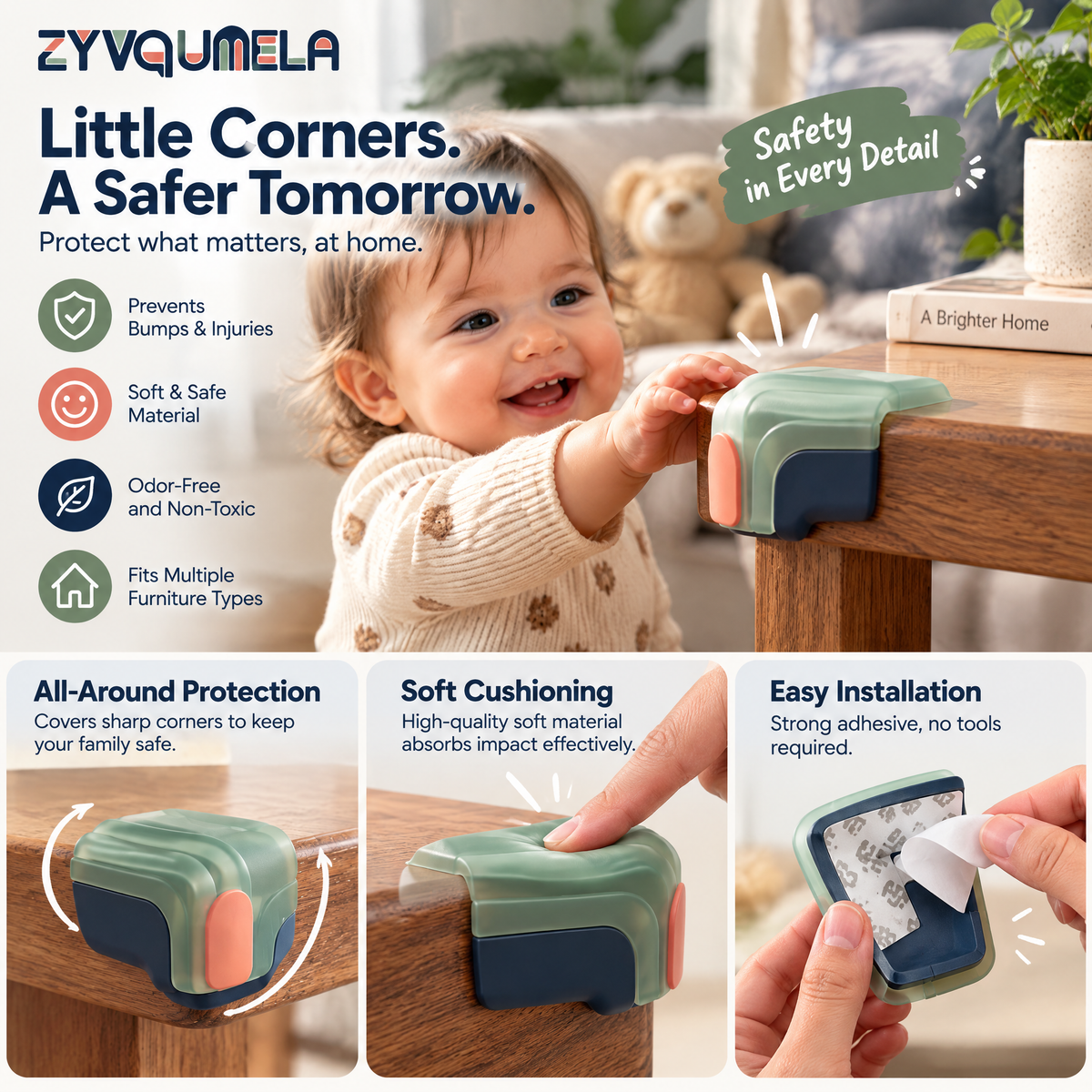 ZYVQUMELA Silicone Table Corner Guards, Adhesive Wraparound Furniture Edge Cushions for Coffee Tables, Desks and Cabinets, 4-Pack