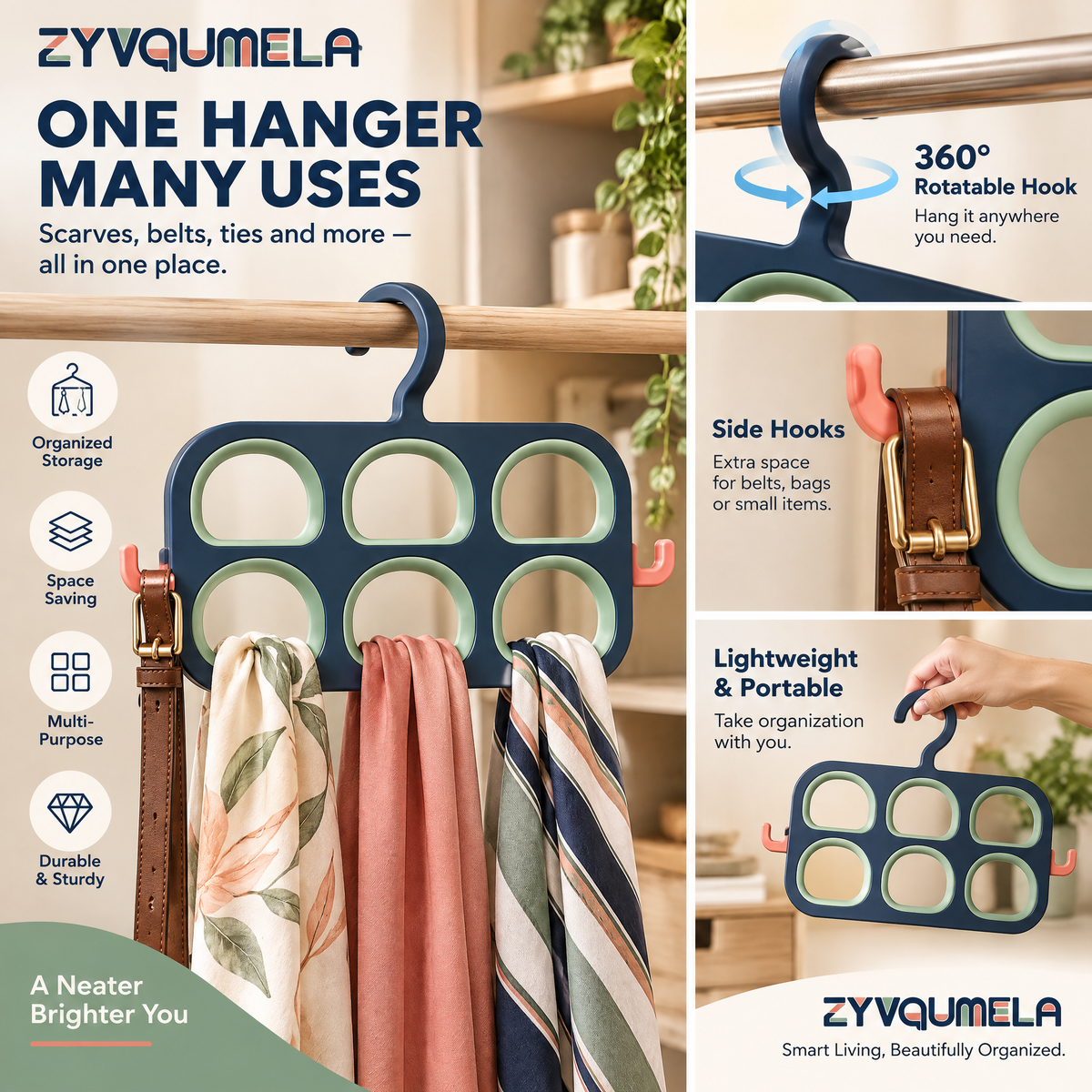 ZYVQUMELA Scarf and Belt Hanger, 6-Opening Closet Accessory Organizer with Side Hooks for Scarves, Ties and Lightweight Belts, Navy and Sage