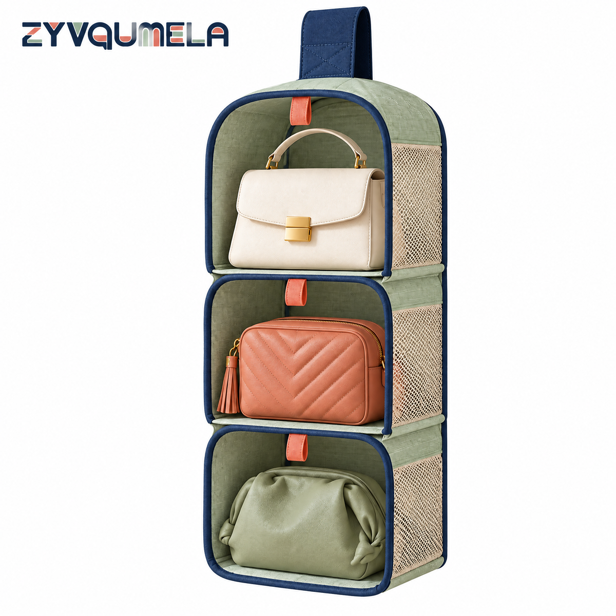 ZYVQUMELA 3-Tier Hanging Handbag Organizer, Foldable Closet Purse Storage with Mesh Sides and Removable Shelf Inserts, Sage Green
