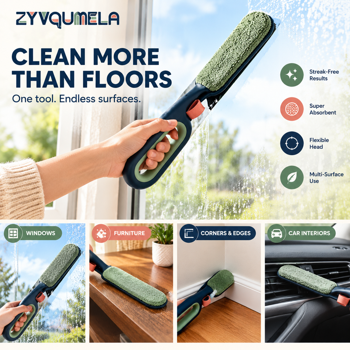 ZYVQUMELA Flexible Gap Duster, Slim Flat Microfiber Cleaning Tool for Under Furniture, Cabinet Bases and Narrow Spaces, Sage and Navy