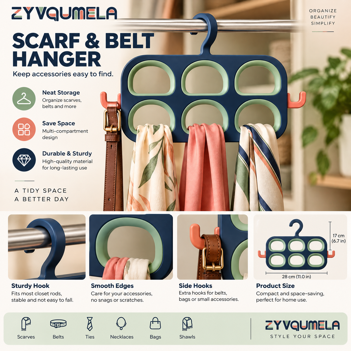 ZYVQUMELA Scarf and Belt Hanger, 6-Opening Closet Accessory Organizer with Side Hooks for Scarves, Ties and Lightweight Belts, Navy and Sage