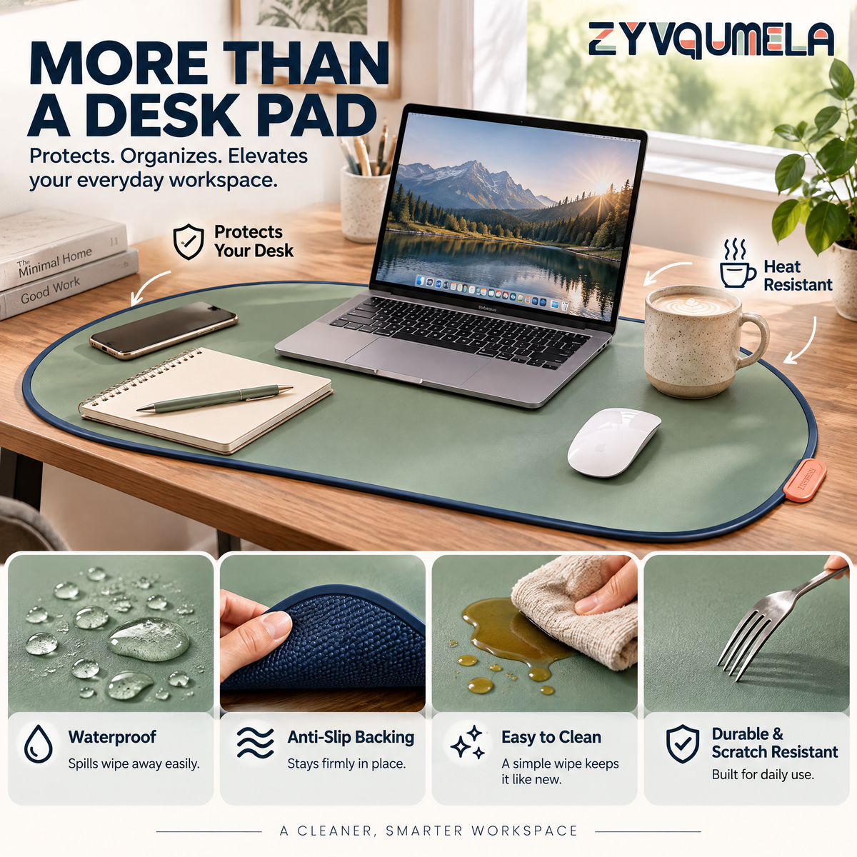 ZYVQUMELA Pebble-Shaped Silicone Desk Mat, Non-Slip Desk Surface Protector and Writing Pad, 23.6 x 15.7 in, Sage Green