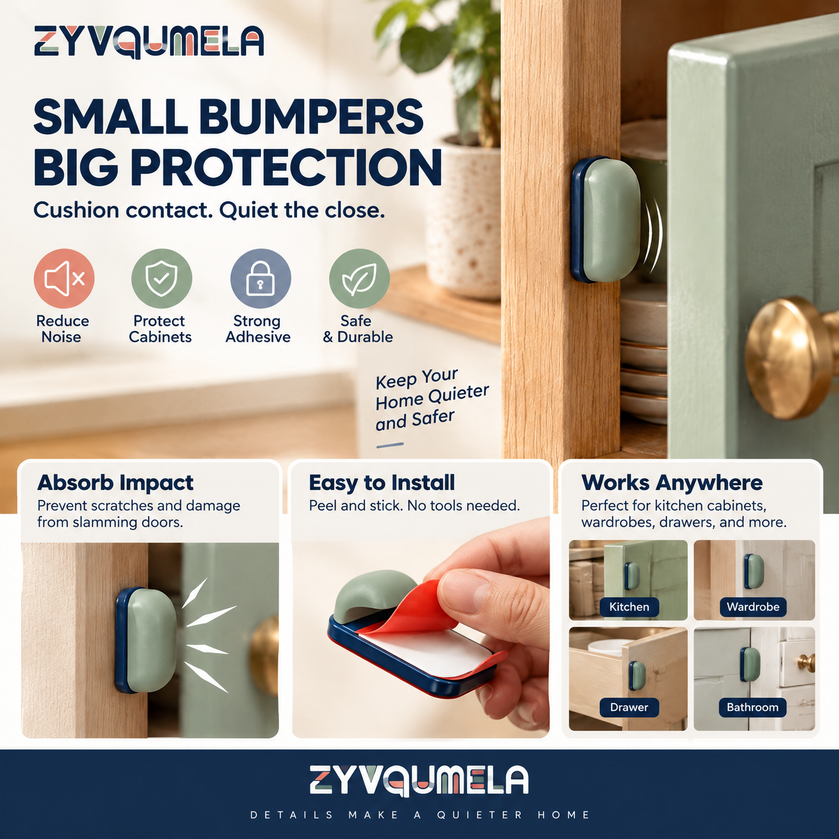 ZYVQUMELA Self-Adhesive Silicone Cabinet Door Bumpers, Cushioned Furniture Pads for Cabinets, Drawers and Wardrobes, Sage Green, 6-Pack