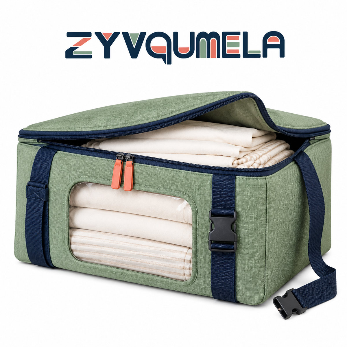 ZYVQUMELA Zippered Bedding Storage Bag with Clear Window and Buckle Straps, Foldable Linen and Blanket Closet Organizer, 19.7 x 15.7 x 7.9 in