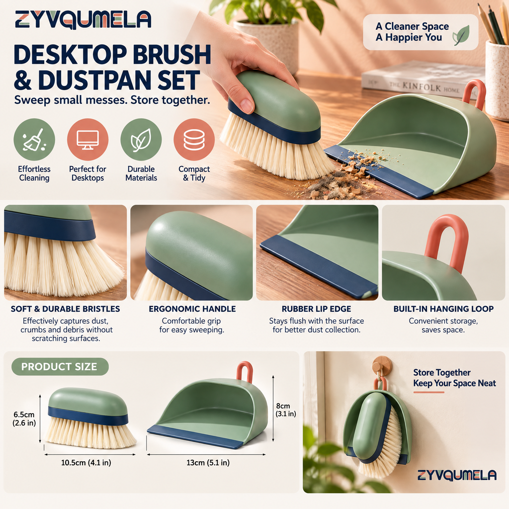 ZYVQUMELA Mini Desktop Brush and Dustpan Set, Handheld Tabletop Sweeper with Soft Bristles, Flexible Lip and Hanging Loop, Sage Green, 2 Pieces