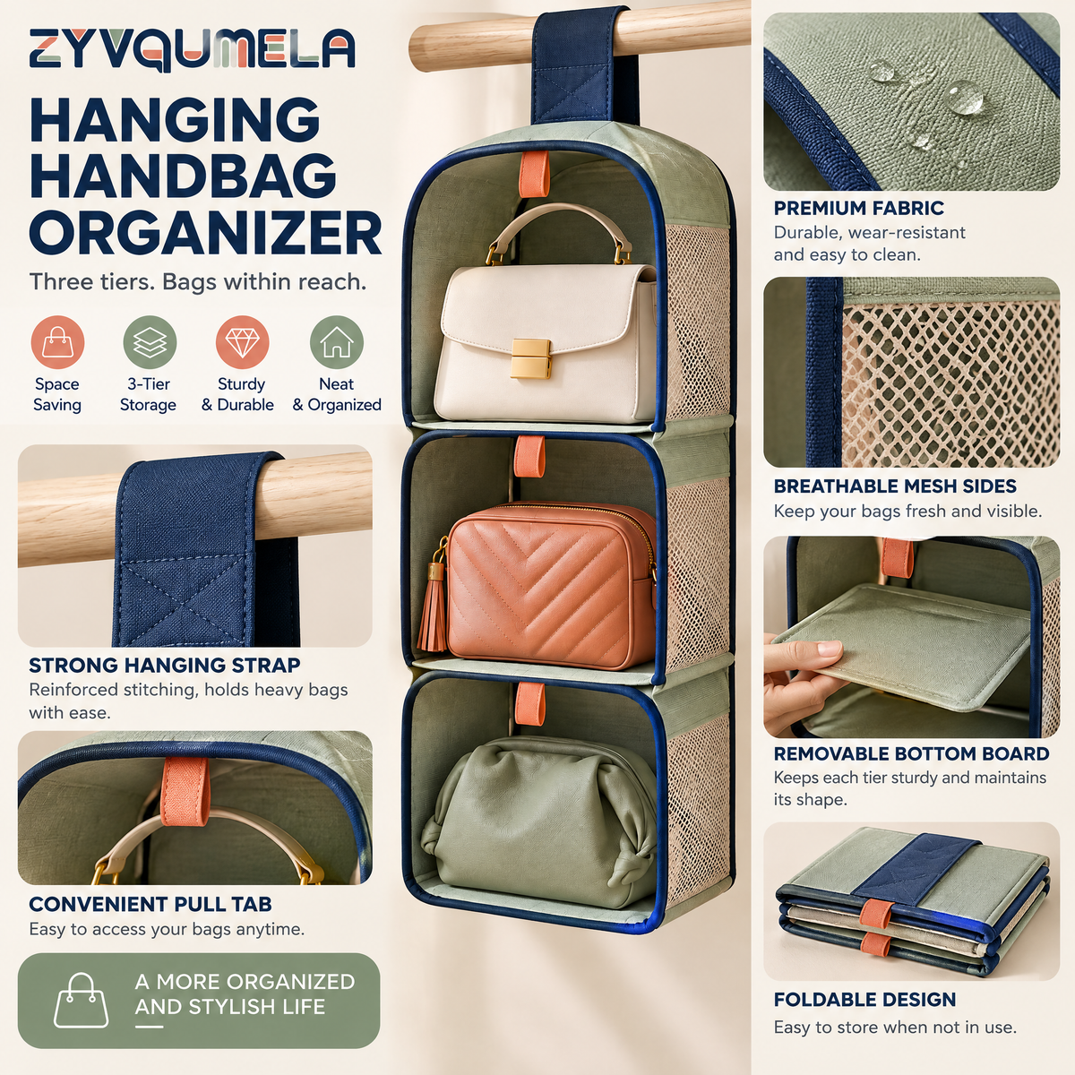 ZYVQUMELA 3-Tier Hanging Handbag Organizer, Foldable Closet Purse Storage with Mesh Sides and Removable Shelf Inserts, Sage Green