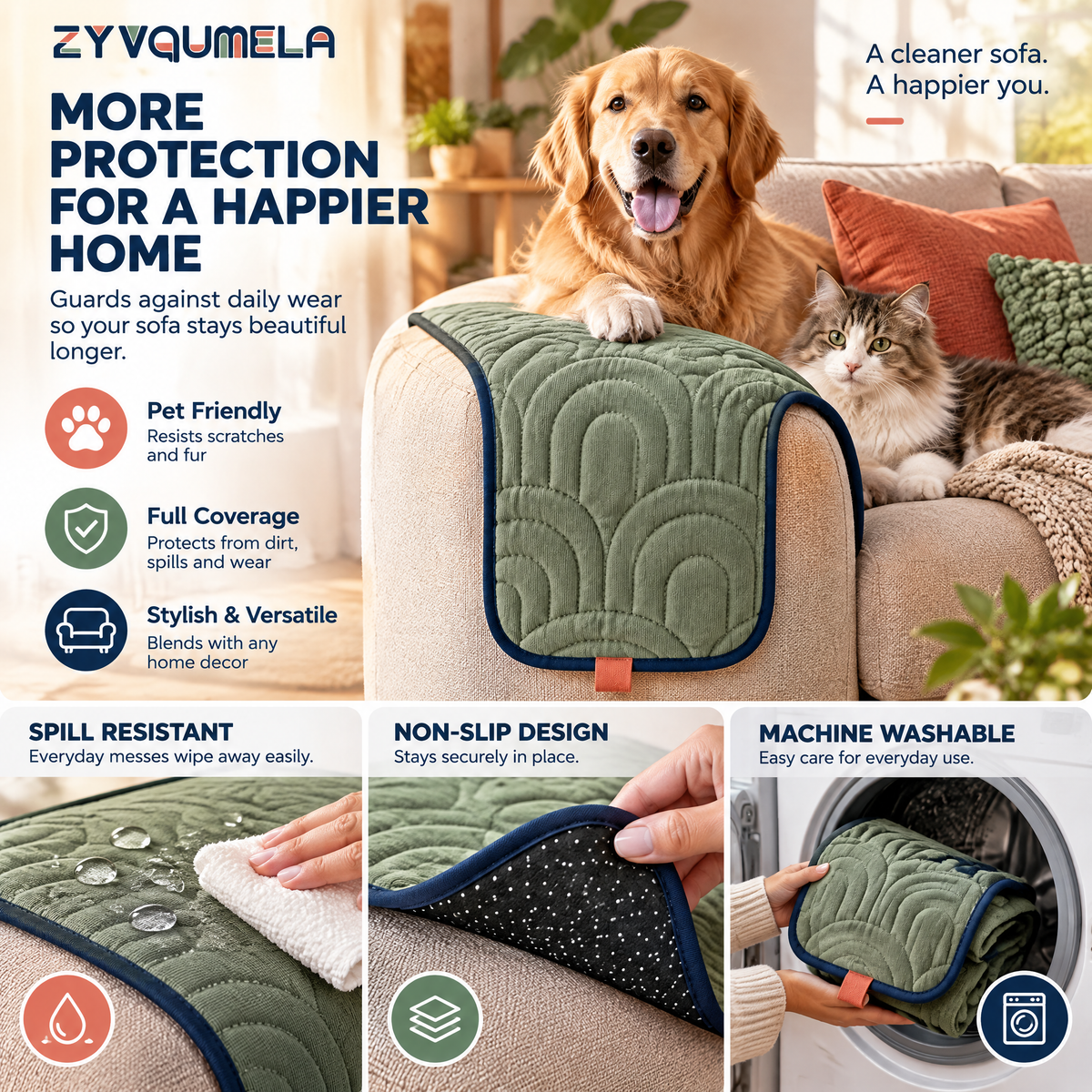 ZYVQUMELA Quilted Sofa Arm Protector, Non-Slip Couch Armrest Cover for Sofas, Armchairs and Recliners, Washable Sage Green, 1 Piece