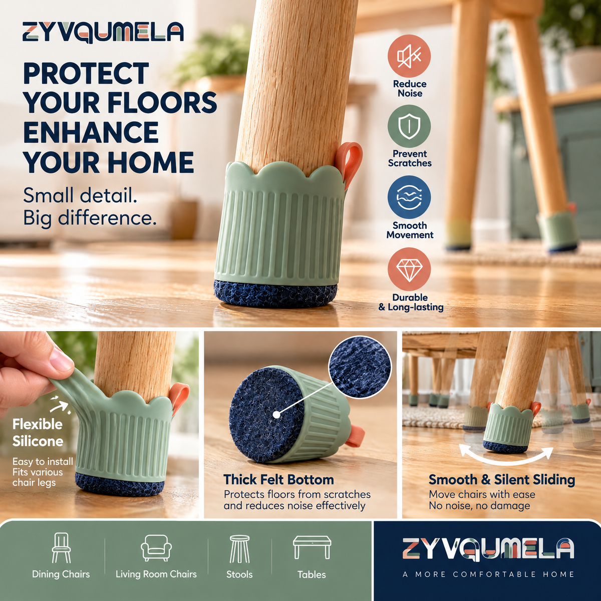 ZYVQUMELA Silicone Chair Leg Protectors with Felt Bottoms, Furniture Feet Caps for Hard Floors, Sage Green, 4-Pack
