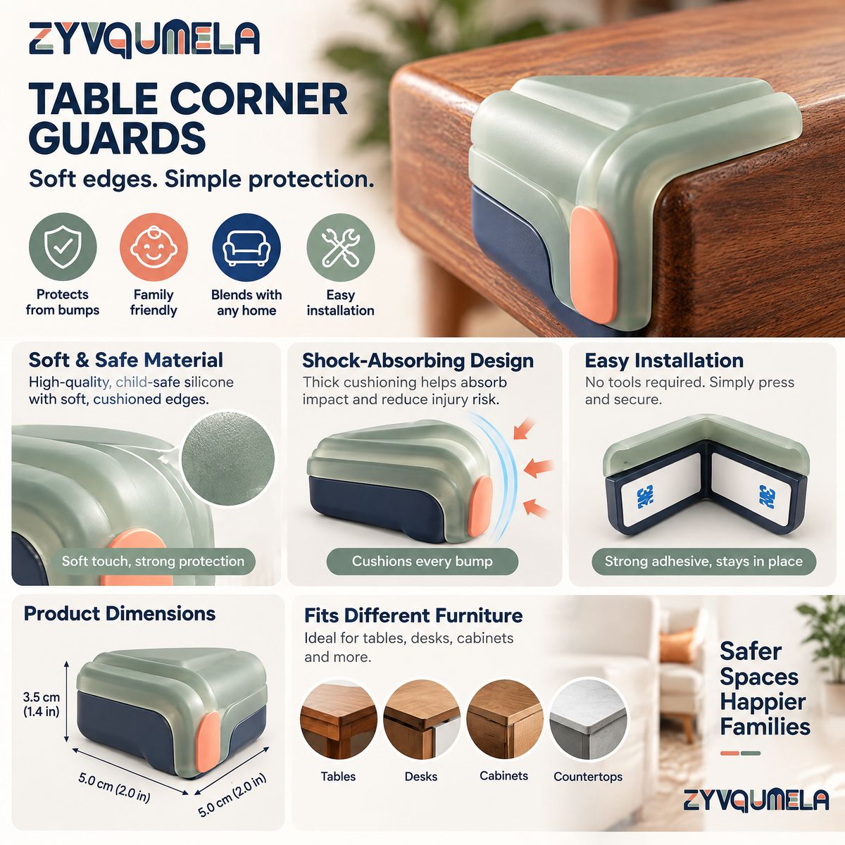 ZYVQUMELA Silicone Table Corner Guards, Adhesive Wraparound Furniture Edge Cushions for Coffee Tables, Desks and Cabinets, 4-Pack