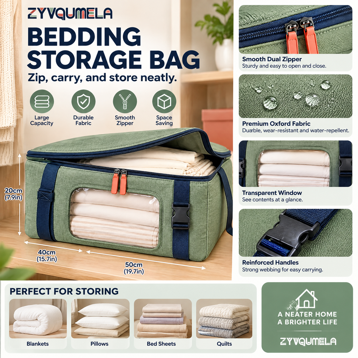 ZYVQUMELA Zippered Bedding Storage Bag with Clear Window and Buckle Straps, Foldable Linen and Blanket Closet Organizer, 19.7 x 15.7 x 7.9 in