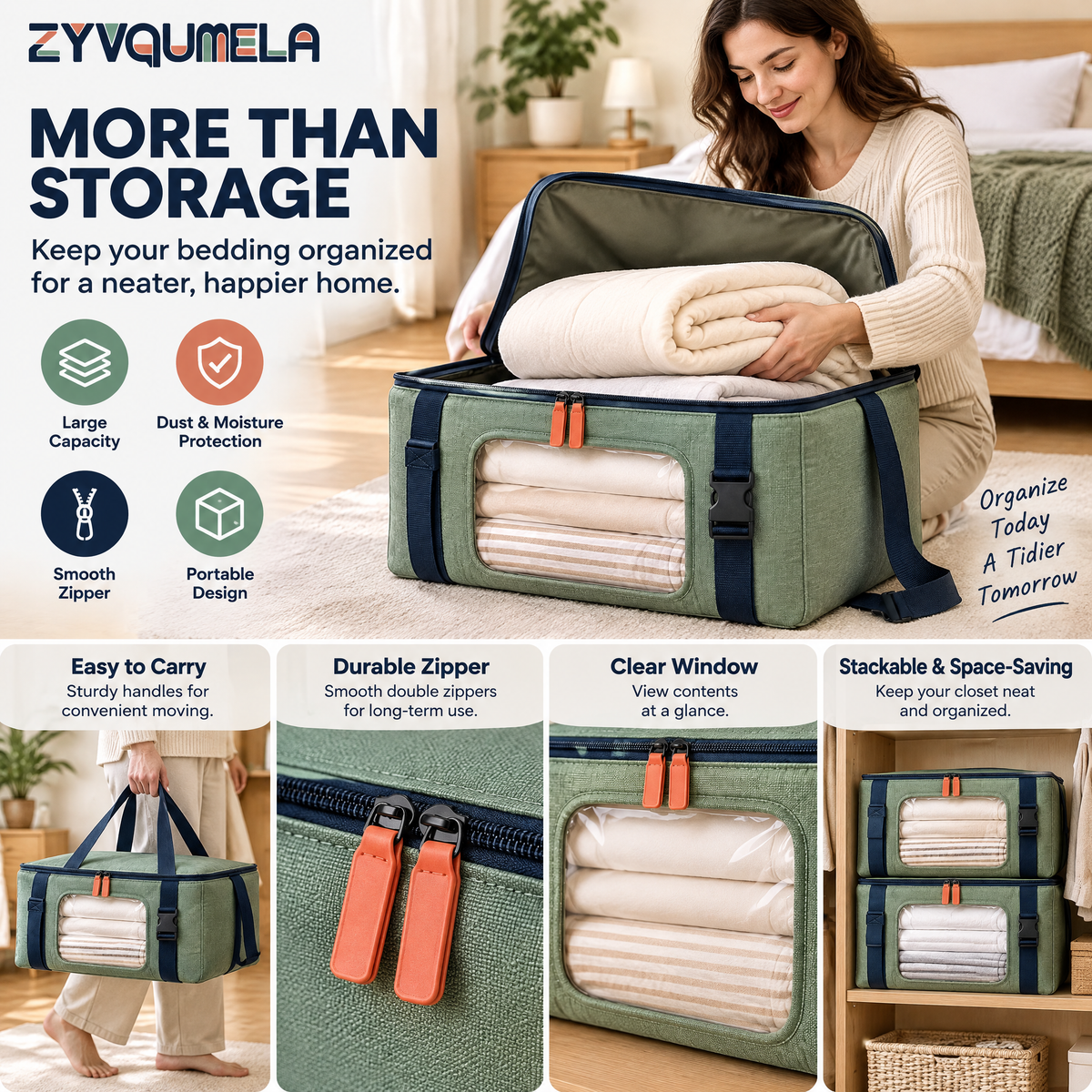 ZYVQUMELA Zippered Bedding Storage Bag with Clear Window and Buckle Straps, Foldable Linen and Blanket Closet Organizer, 19.7 x 15.7 x 7.9 in
