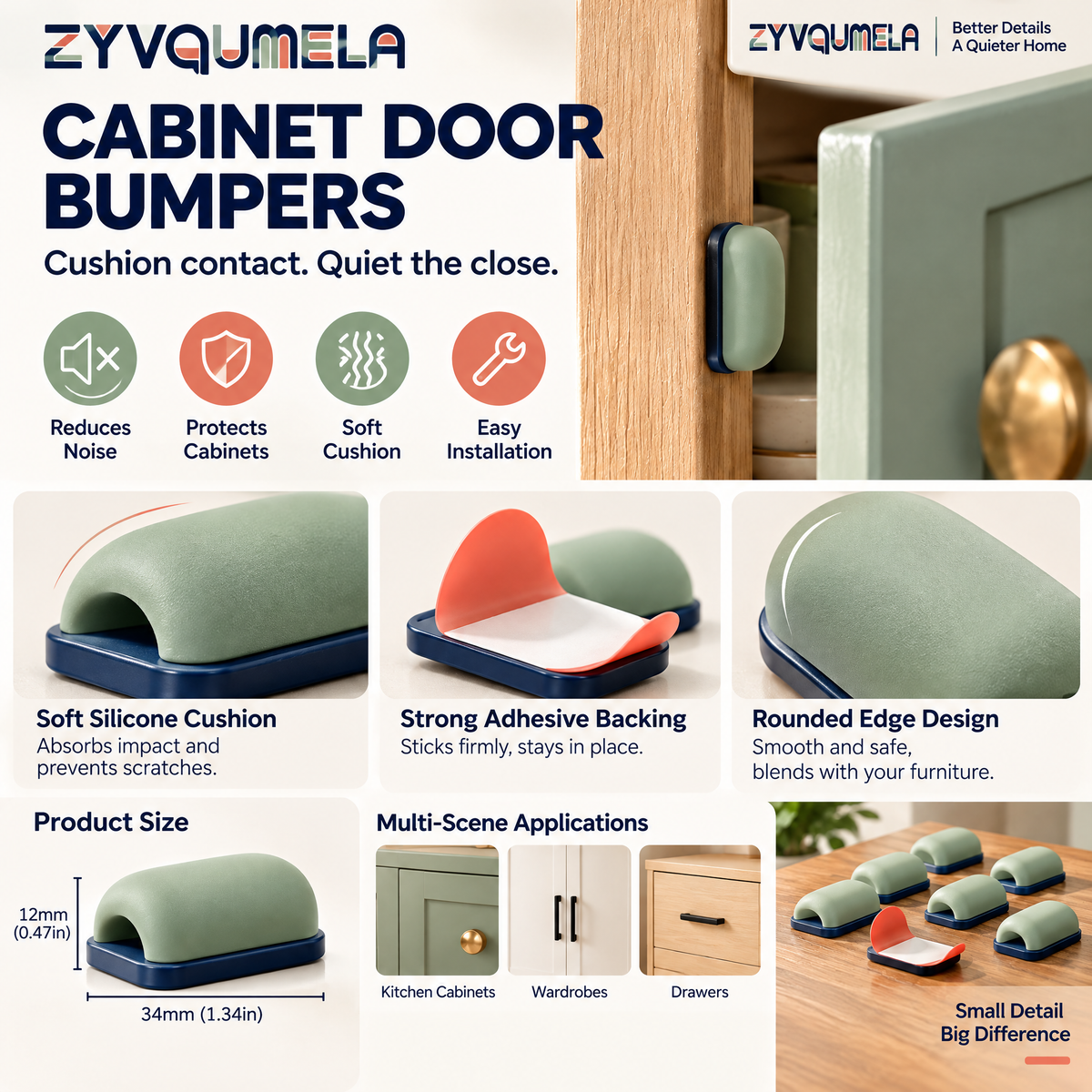 ZYVQUMELA Self-Adhesive Silicone Cabinet Door Bumpers, Cushioned Furniture Pads for Cabinets, Drawers and Wardrobes, Sage Green, 6-Pack